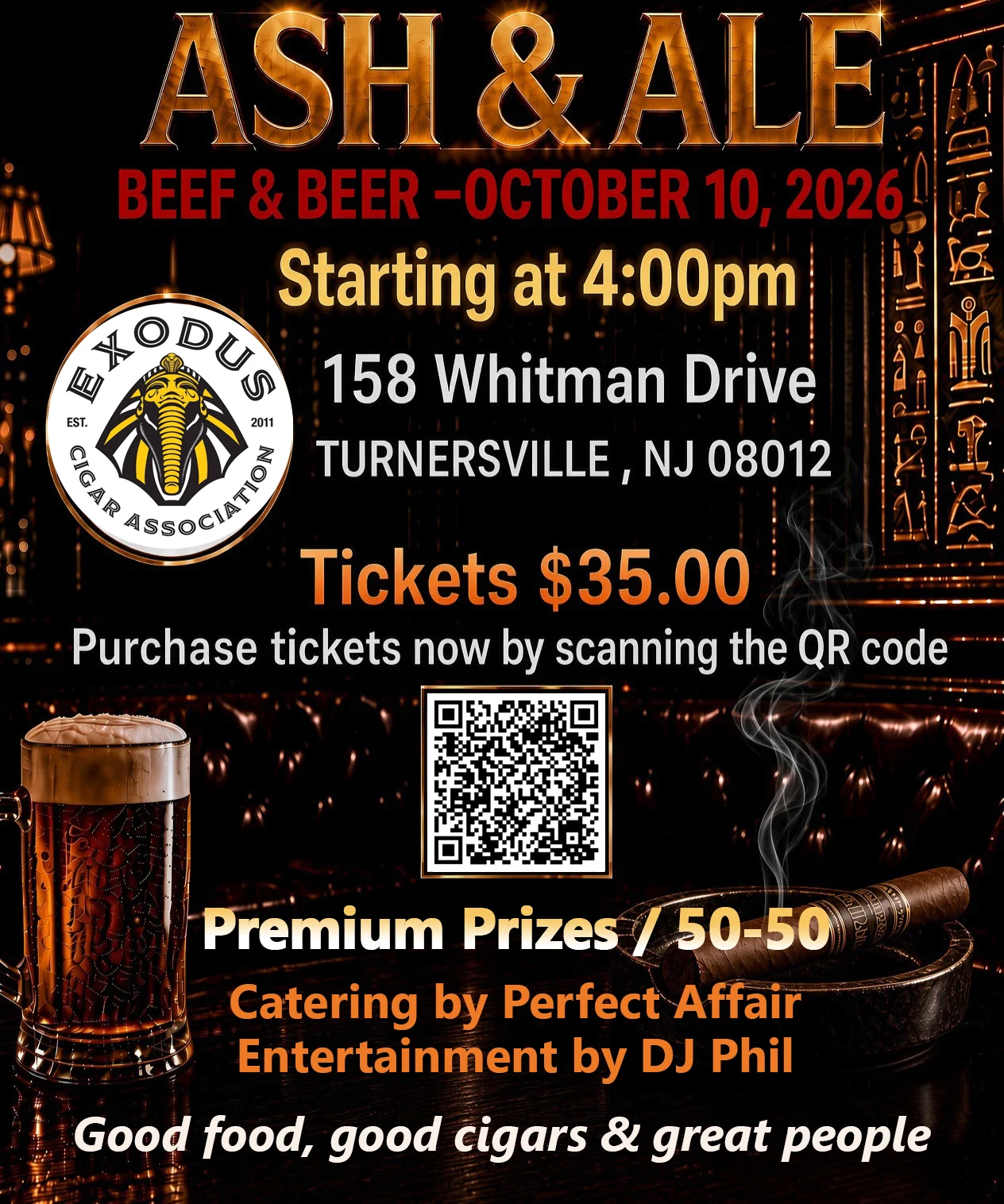 Event flyer with the Ash & Ale ticket details, sponsorship packages and contact information